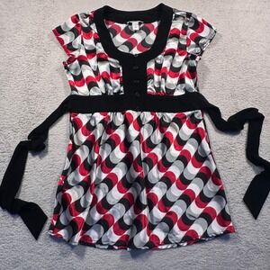 Vintage Y2K‎ Dressbarn Blouse Top Abstract Print Tie Waist Short Sleeve S